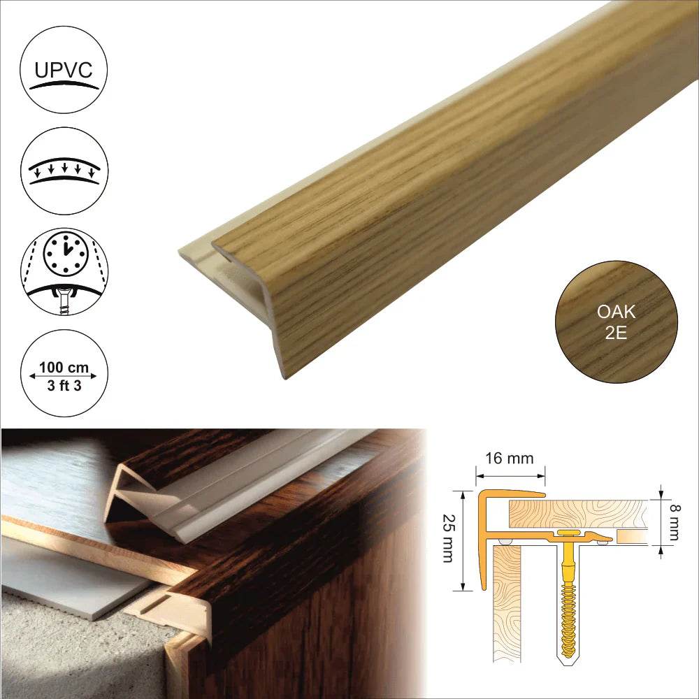  - 16 x 25mm D-K0600 Push-In PVC Wood Effect Stair Nosing Trim - Stair Nosing