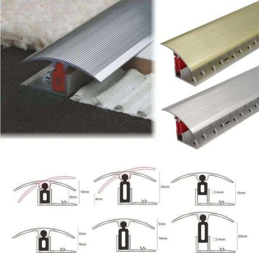 TTG 40mm Aluminium door Threshold Strip Adjustable Height/Pivots Easy clip Carpet - Inova Stair Nosings