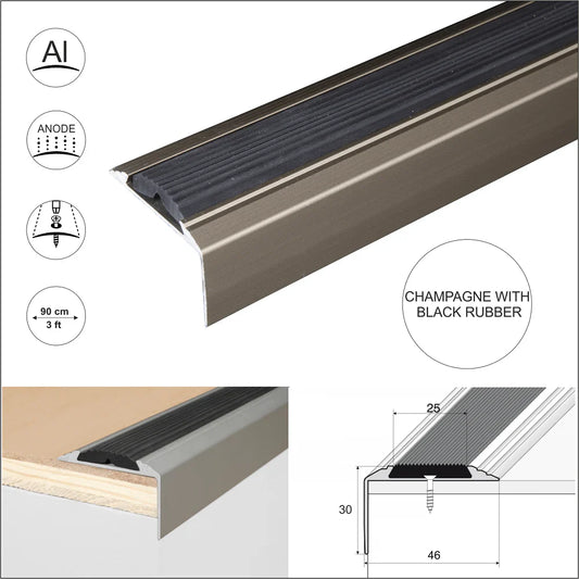 15 Pack Champagne A38 0.9m x 46mm x 30mm Screw Fit Anodised Aluminium Non Slip Stair Nosing With Black Rubber - Inova Stair Nosings