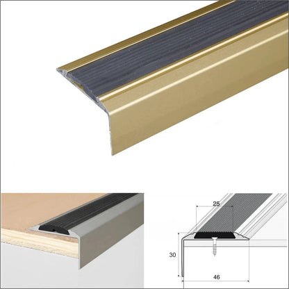 15 Pack Gold A38 0.9m x 46mm x 30mm Screw Fit Anodised Aluminium Non Slip Stair Nosing With Black Rubber - Inova Stair Nosings