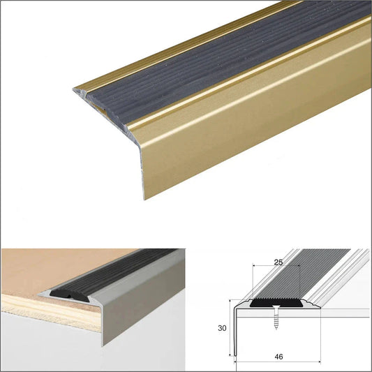 15 Pack Gold A38 0.9m x 46mm x 30mm Screw Fit Anodised Aluminium Non Slip Stair Nosing With Black Rubber - Inova Stair Nosings