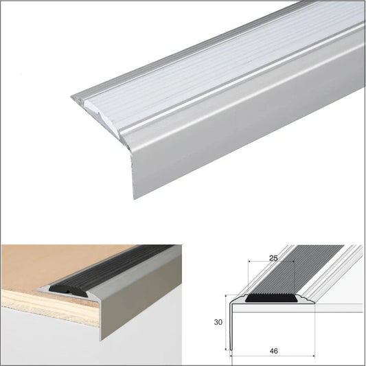15-Pack Silver A38 Anodised Aluminium Stair Nosing with Grey Rubber, 0.9m - Inova Stair Nosings