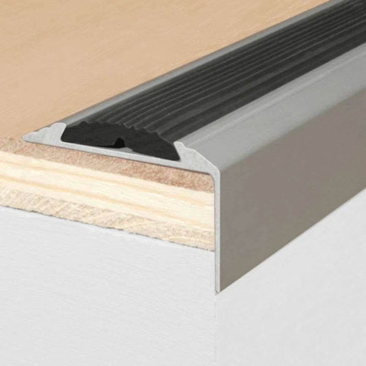  - 15 Pack Black A38 0.9m x 46mm x 30mm Screw Fit Anodised Aluminium Non Slip Stair Nosing With Black Rubber - LVT Profiles