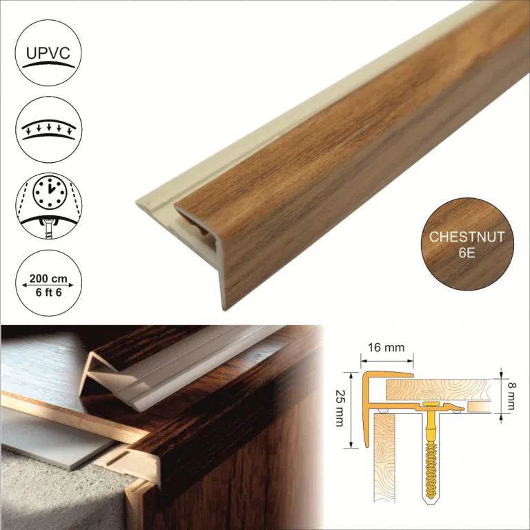  - 16 x 25mm D-K0600 Push-In PVC Wood Effect Stair Nosing Trim - Stair Nosing