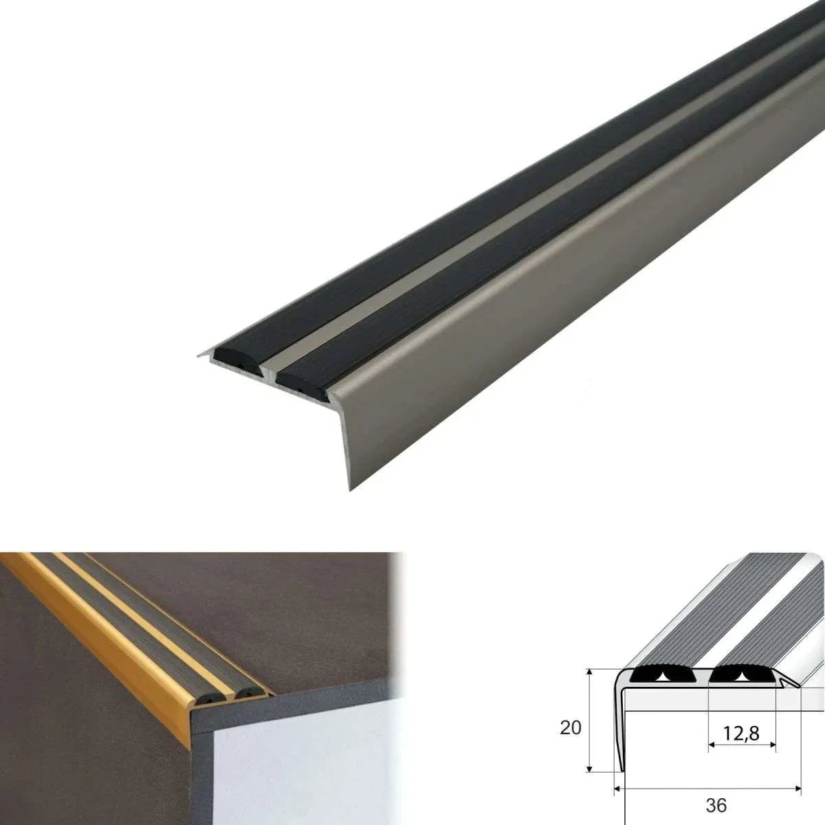 15 Pack Inox A37 0.9m x 36mm x 20mm Screw Fit Anodised Aluminium Non Slip Stair Nosing With Black Rubber - Inova Stair Nosings