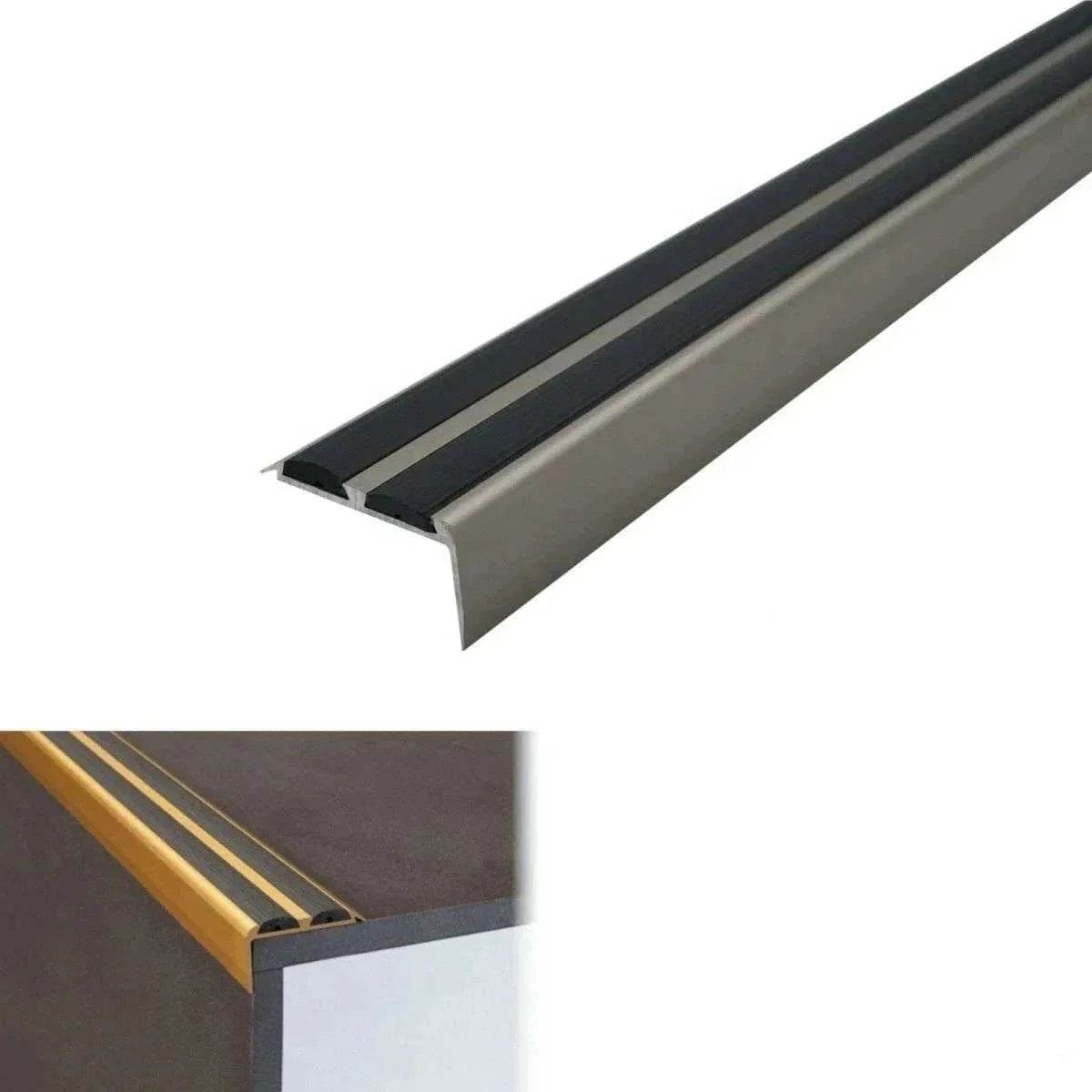  - A37 Anodised Aluminium Non Slip Rubber Stair Nosing Edge Trim With Inserts - 