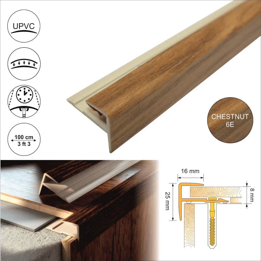 - 16 x 25mm D-K0600 Push-In PVC Wood Effect Stair Nosing Trim - Stair Nosing