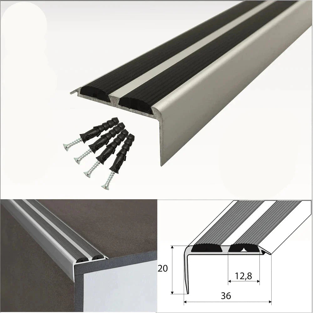 15 Pack Silver A37 0.9m x 36mm x 20mm Screw Fit Anodised Aluminium Non Slip Stair Nosing With Black Rubber - Inova Stair Nosings