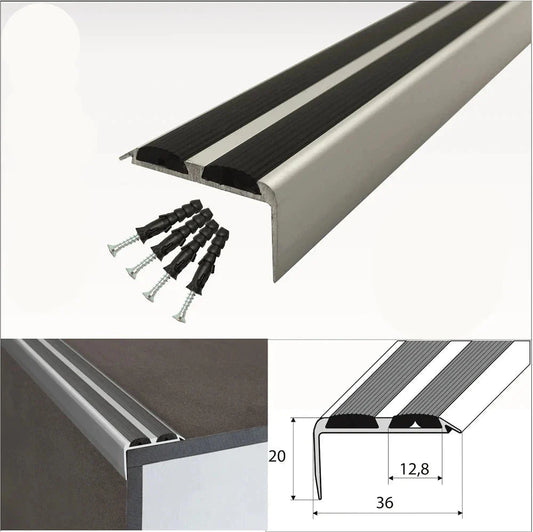 15 Pack Silver A37 0.9m x 36mm x 20mm Screw Fit Anodised Aluminium Non Slip Stair Nosing With Black Rubber - Inova Stair Nosings