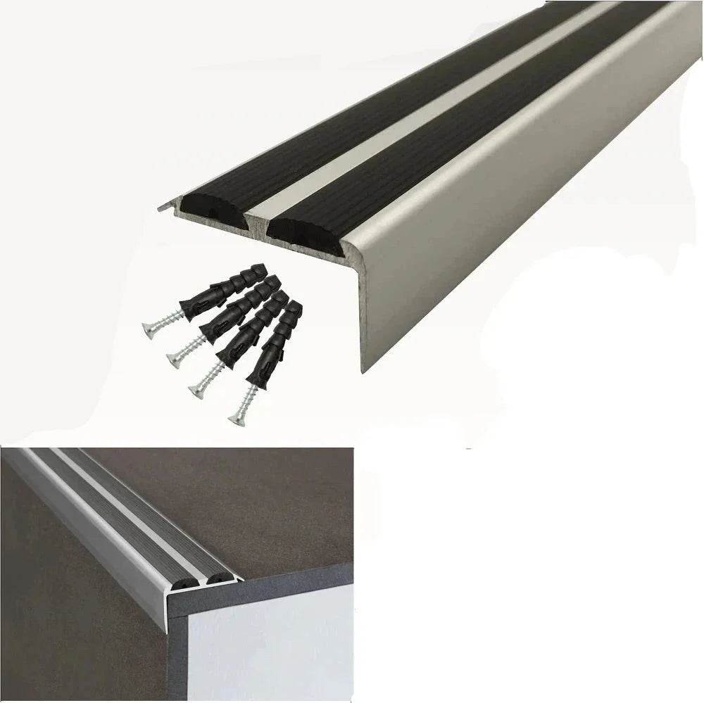  - A37 Anodised Aluminium Non Slip Rubber Stair Nosing Edge Trim With Inserts - 